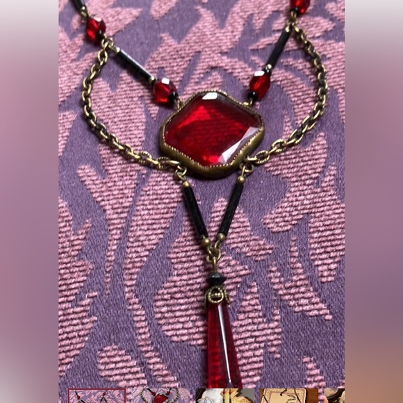 ANTIQUE NECKLACE DEEP RED GLASS STONE, BLACK BEADS THROUGH OUT DROP STONE BOTTOM - Picture 8 of 16
